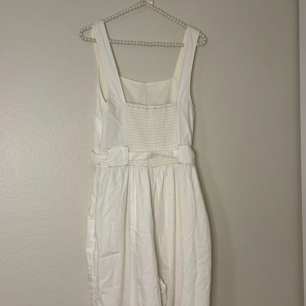 American Eagle Women White Denim Strappy Tie Belt Jumpsuit - Picture 9 of 9